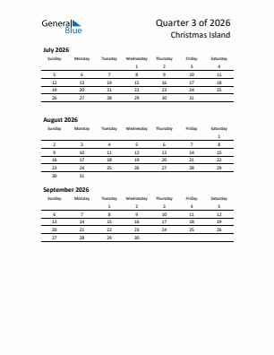 Christmas Island Quarter 3  2026 calendar template