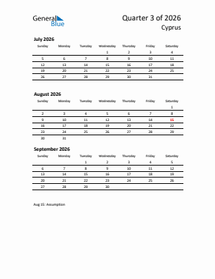 Cyprus Quarter 3  2026 calendar template