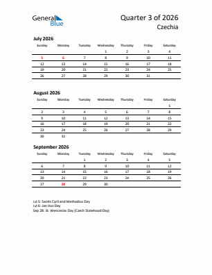 Czechia Quarter 3  2026 calendar template