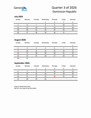 Dominican Republic Quarter 3  2026 calendar template