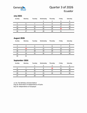 Ecuador Quarter 3  2026 calendar template