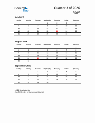 Egypt Quarter 3  2026 calendar template