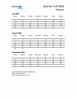 Ethiopia Quarter 3  2026 calendar template