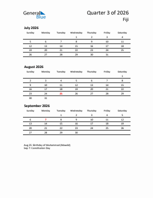 Fiji Quarter 3  2026 calendar template