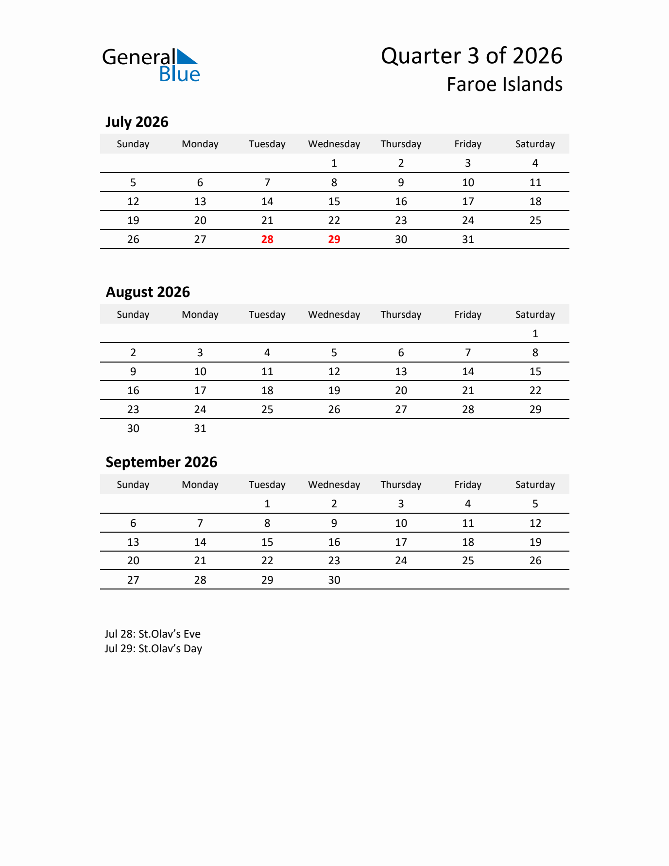 2026 Q3 Three-Month Calendar for Faroe Islands