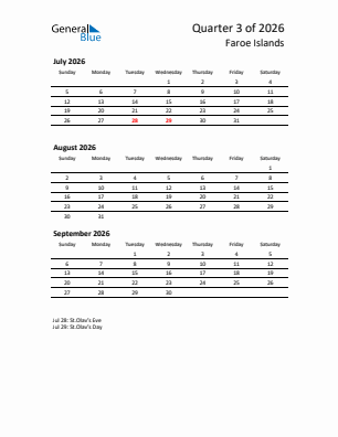 Faroe Islands Quarter 3  2026 calendar template