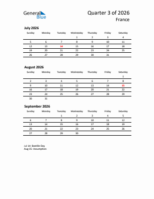 France Quarter 3  2026 calendar template