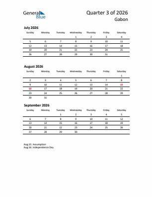 Gabon Quarter 3  2026 calendar template