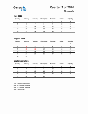 Grenada Quarter 3  2026 calendar template