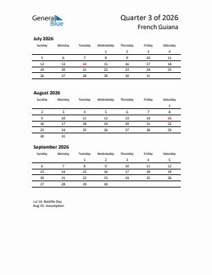 French Guiana Quarter 3  2026 calendar template