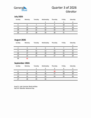 Gibraltar Quarter 3  2026 calendar template