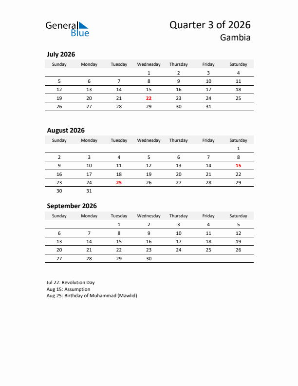2026 Q3 Three-Month Calendar for Gambia
