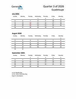 Guadeloupe Quarter 3  2026 calendar template