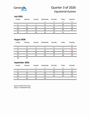 Equatorial Guinea Quarter 3  2026 calendar template