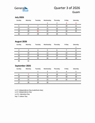 Guam Quarter 3  2026 calendar template