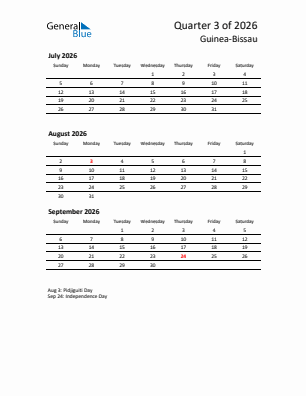 Guinea-Bissau Quarter 3  2026 calendar template