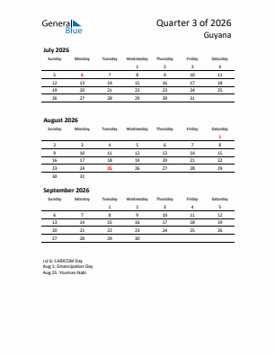 Guyana Quarter 3  2026 calendar template