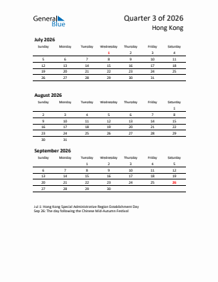 Hong Kong Quarter 3  2026 calendar template