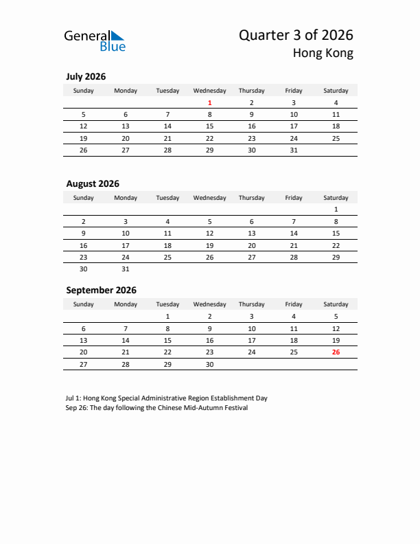 2026 Q3 Three-Month Calendar for Hong Kong