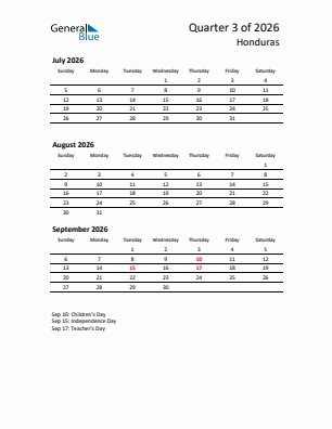 Honduras Quarter 3  2026 calendar template