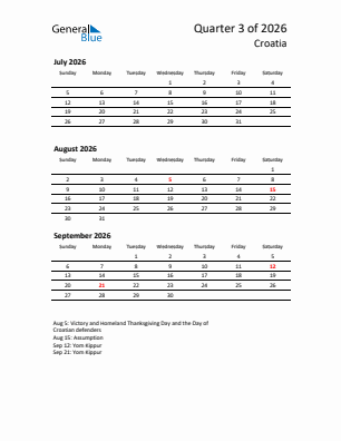 Croatia Quarter 3  2026 calendar template