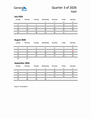 Haiti Quarter 3  2026 calendar template