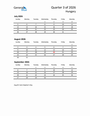 Hungary Quarter 3  2026 calendar template