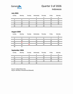 Indonesia Quarter 3  2026 calendar template