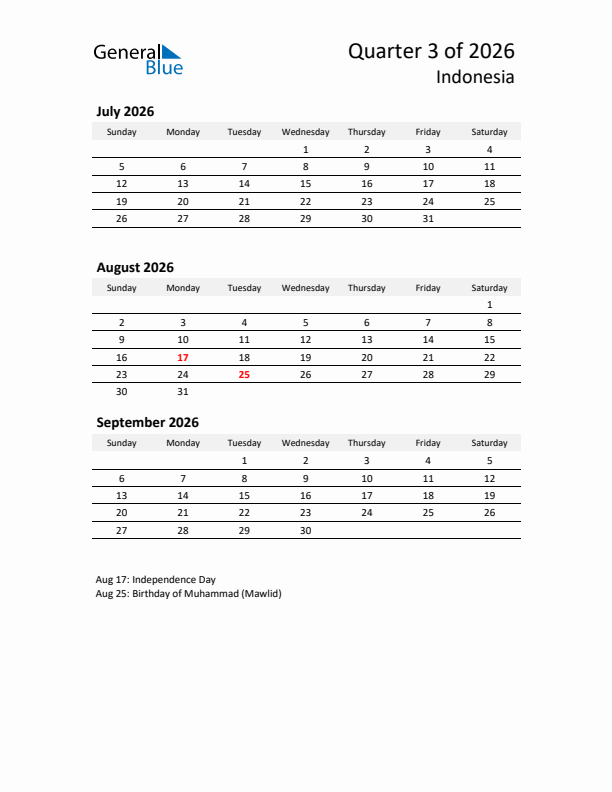 2026 Q3 Three-Month Calendar for Indonesia