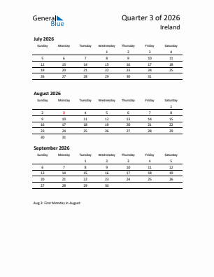 Ireland Quarter 3  2026 calendar template