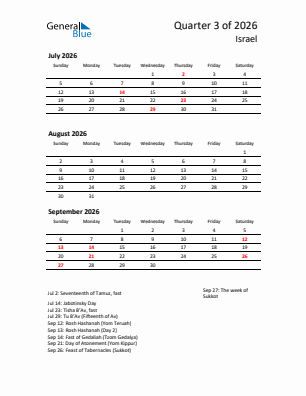 Israel Quarter 3  2026 calendar template