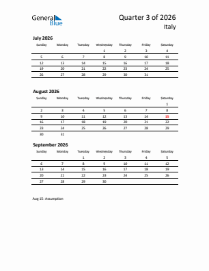 Italy Quarter 3  2026 calendar template