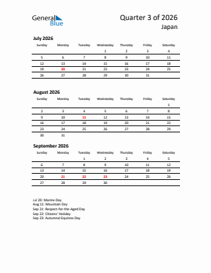 Japan Quarter 3  2026 calendar template