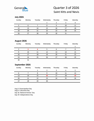 Saint Kitts and Nevis Quarter 3  2026 calendar template
