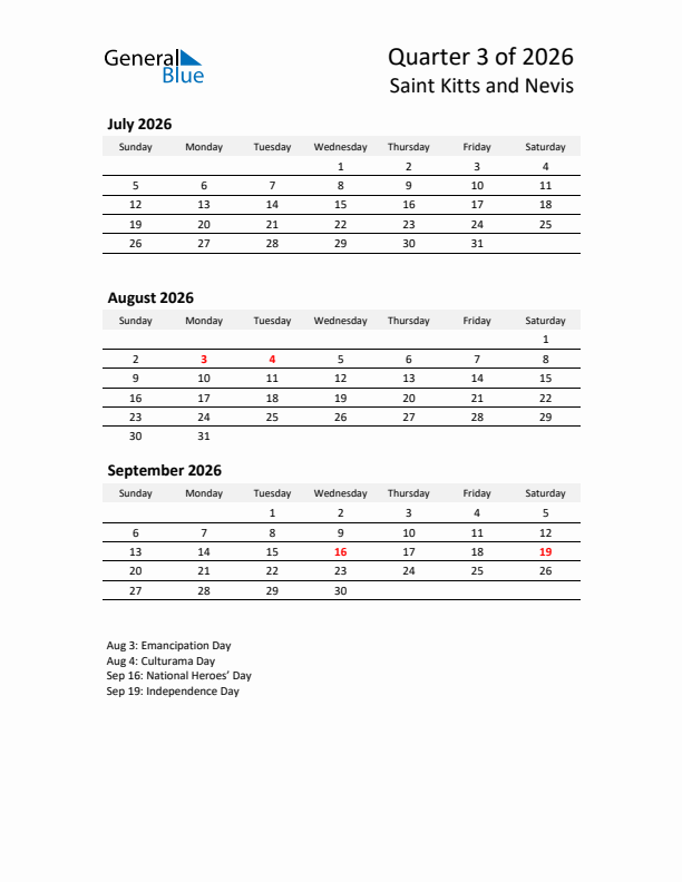 2026 Q3 Three-Month Calendar for Saint Kitts and Nevis
