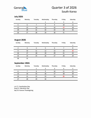 South Korea Quarter 3  2026 calendar template