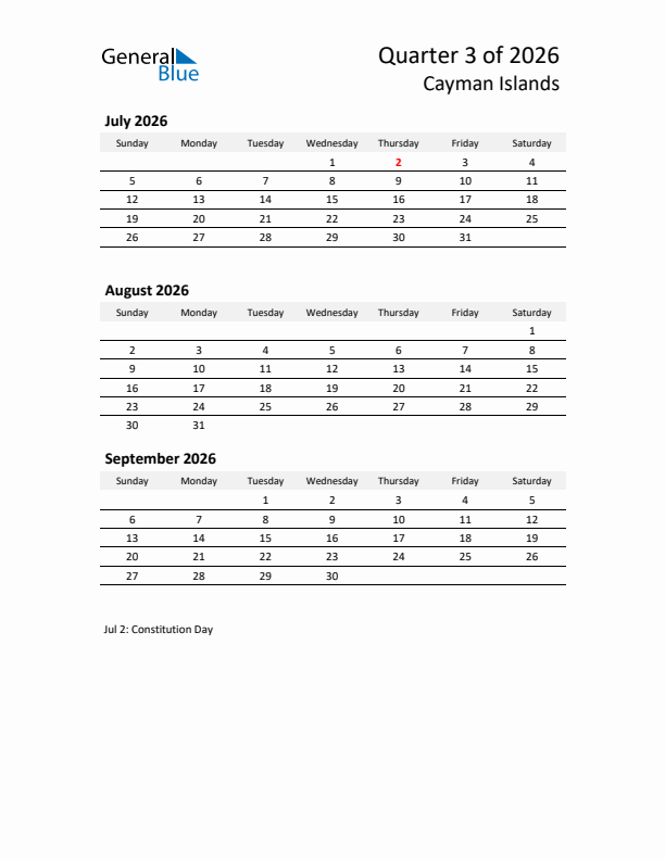 2026 Q3 Three-Month Calendar for Cayman Islands