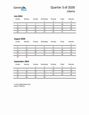 Liberia Quarter 3  2026 calendar template