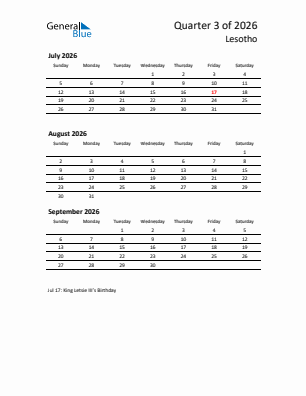 Lesotho Quarter 3  2026 calendar template
