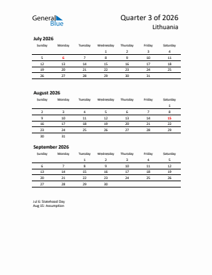 Lithuania Quarter 3  2026 calendar template