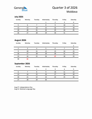 Moldova Quarter 3  2026 calendar template