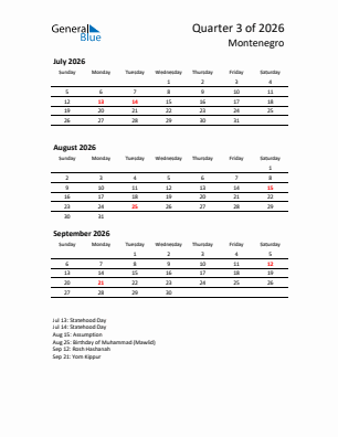Montenegro Quarter 3  2026 calendar template