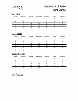 Saint Martin Quarter 3  2026 calendar template