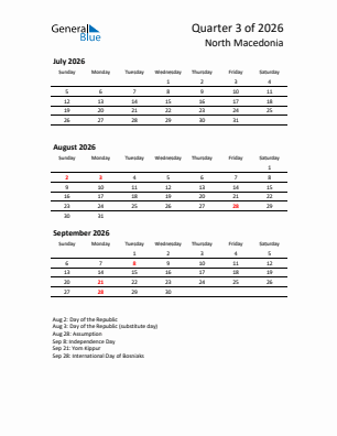 North Macedonia Quarter 3  2026 calendar template