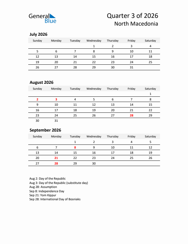 2026 Q3 Three-Month Calendar for North Macedonia