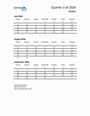 Malta Quarter 3  2026 calendar template