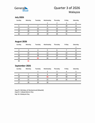 Malaysia Quarter 3  2026 calendar template