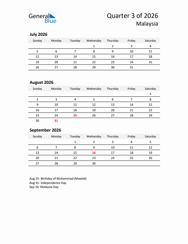 2026 Q3 Three-Month Calendar for Malaysia