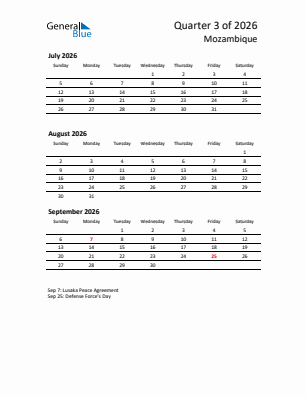 Mozambique Quarter 3  2026 calendar template