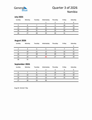 Namibia Quarter 3  2026 calendar template